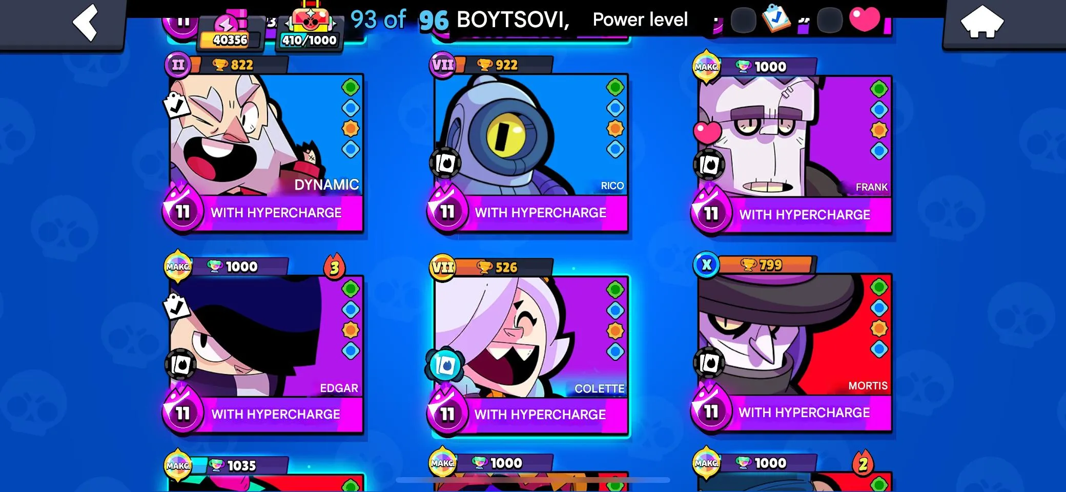 BS1910 40356 Trophies | 93 Brawlers | 20 Hypercharges | Maxed Brawlers Skins |  Catalog Max Power Profile 
